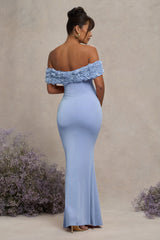 Inflorescence | Powder Blue Mesh Floral Bardot Maternity Maxi Dress