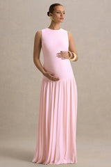 Outline | Light Pink Crew-Neck Maternity Maxi Dress With Pleated Skirt