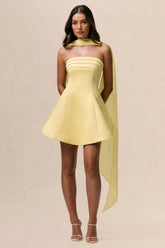 Love Me | Lemon Satin Skater Mini Dress With Chiffon Scarf