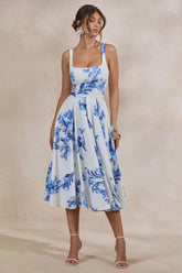 Lissa | Blue Floral Print Square-Neck Midi Dress