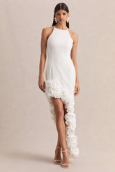Indira | White Halter-Neck Maxi Dress With Asymmetric-Floral Hem