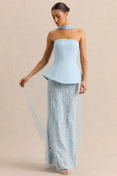 Lorna | Powder Blue Bandeau Maxi Dress With Scarf