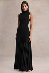 Gigi | Black High-Neck Maxi Dress With Drop-Waist And Sheer Skirt