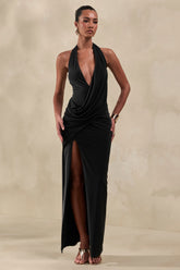 Junia | Black Plunge-Neck Wrap Maxi Dress