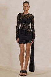 Milavia | Black Lace Crew-Neck Mini Dress With Wrap & Sash Detail