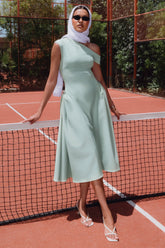 Celosia | Sage Asymmetric-Neck Midi Dress With Silver Detailing