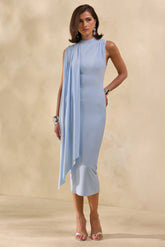 Oleandra | Light Blue High-Neck Midi-Dress With Draped-Detail