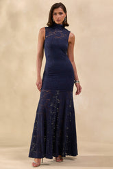 Esalyn | Navy Lace High-Neck Maxi Dress With Sheer-Skirt