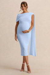 Braelyn | Powder Blue Asymmetric-Neck Maternity Midi Dress With Gathered Detailing And Sash
