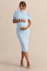 Aderyn | Light Blue High-Neck Maternity Midi Dress With Sheer Cape Sleeves