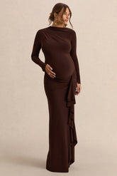Kamira | Dark Brown Round-Neck Maternity Maxi Dress With Gathered Detailing