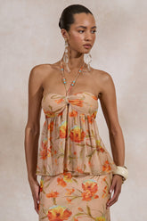 Flaviah | Orange Floral Print Mesh Halter-Neck Top