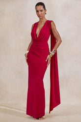 Aralyn | Red Plunge Cowl-Neck Maxi Dress With Sash Detail