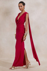 Aralyn | Red Plunge Cowl-Neck Maxi Dress With Sash Detail