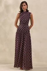 Kelis | Brown Polka-Dot High-Neck Maxi Dress With Draped Detailing