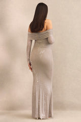 Pomeline | Champagne Hotfix Bardot-Neck Maternity Maxi Dress