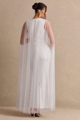 Tereza | White Round-Neck Maternity Maxi Dress With Sheer Cape