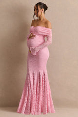 Valleria | Light Pink Lace Bardot-Neck Maternity Maxi Dress