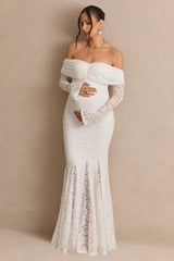 Valleria | White Lace Bardot-Neck Maternity Maxi Dress
