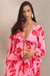 Asella | Pink Chiffon Plunge-Neck Front-Tied Top