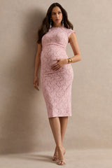 Vianne | Pink Lace Round-Neck Maternity Midi Dress