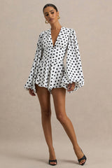 Laurel | White Polka Dot V-Neck Balloon Sleeve Romper
