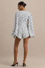 Laurel | White Polka Dot V-Neck Balloon Sleeve Romper