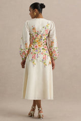 Dahlia | White Floral Border Print High-Neck Midi Dress