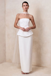 Naira | White Satin Bandeau Corset Maxi Dress With Sheer Scarf