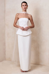 Naira | White Satin Bandeau Corset Maxi Dress With Sheer Scarf