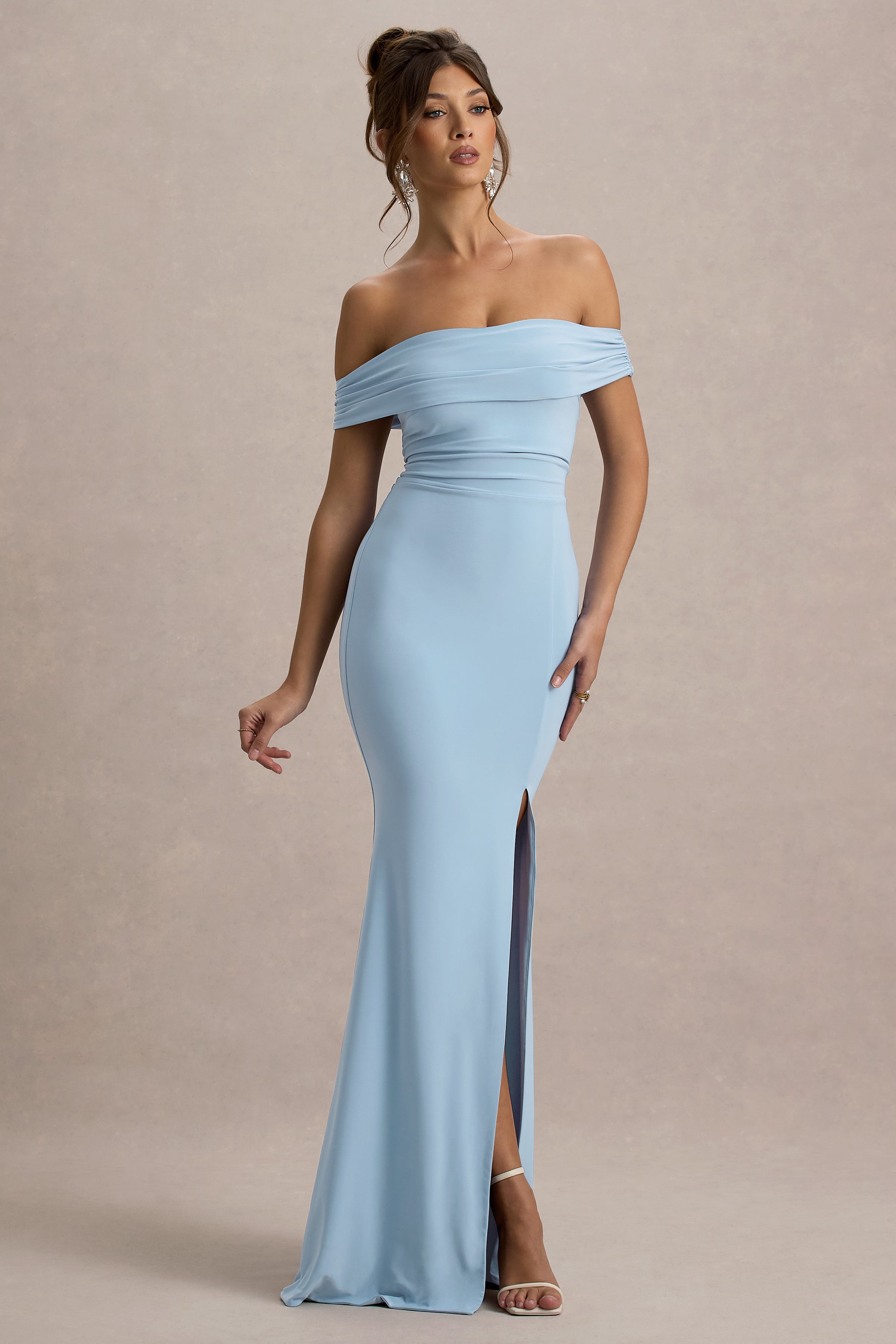 Law of Attraction | Powder Blue Bardot Draped Split Maxi Dress