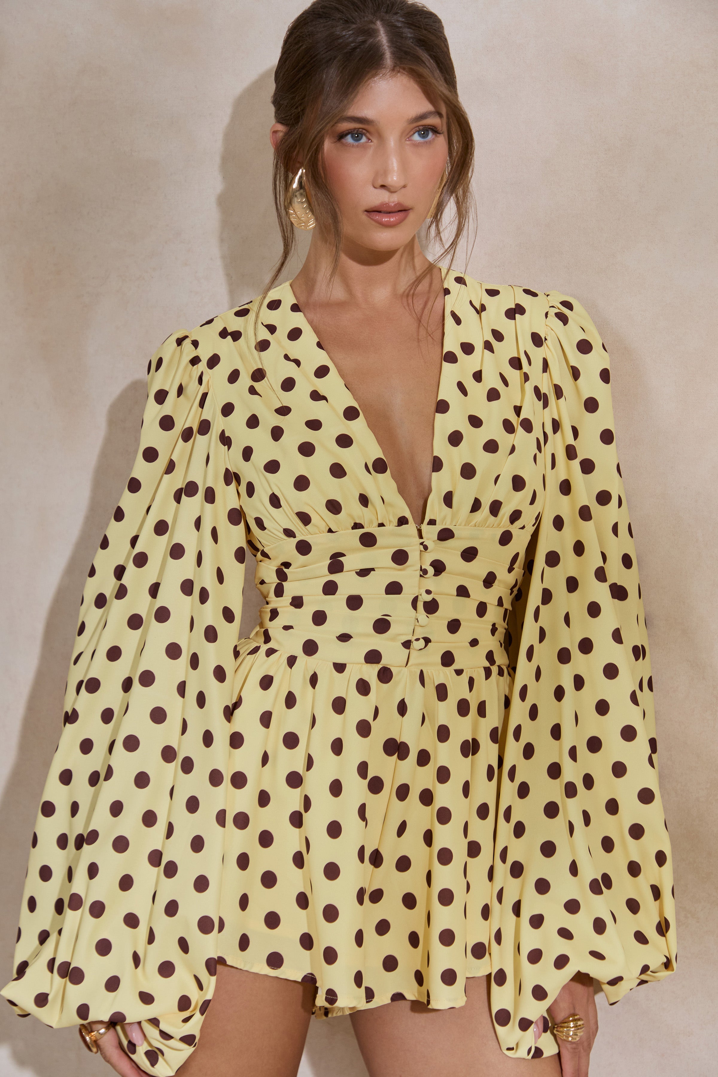 Laurel | Lemon Polka Dot V-Neck Balloon Sleeve Romper