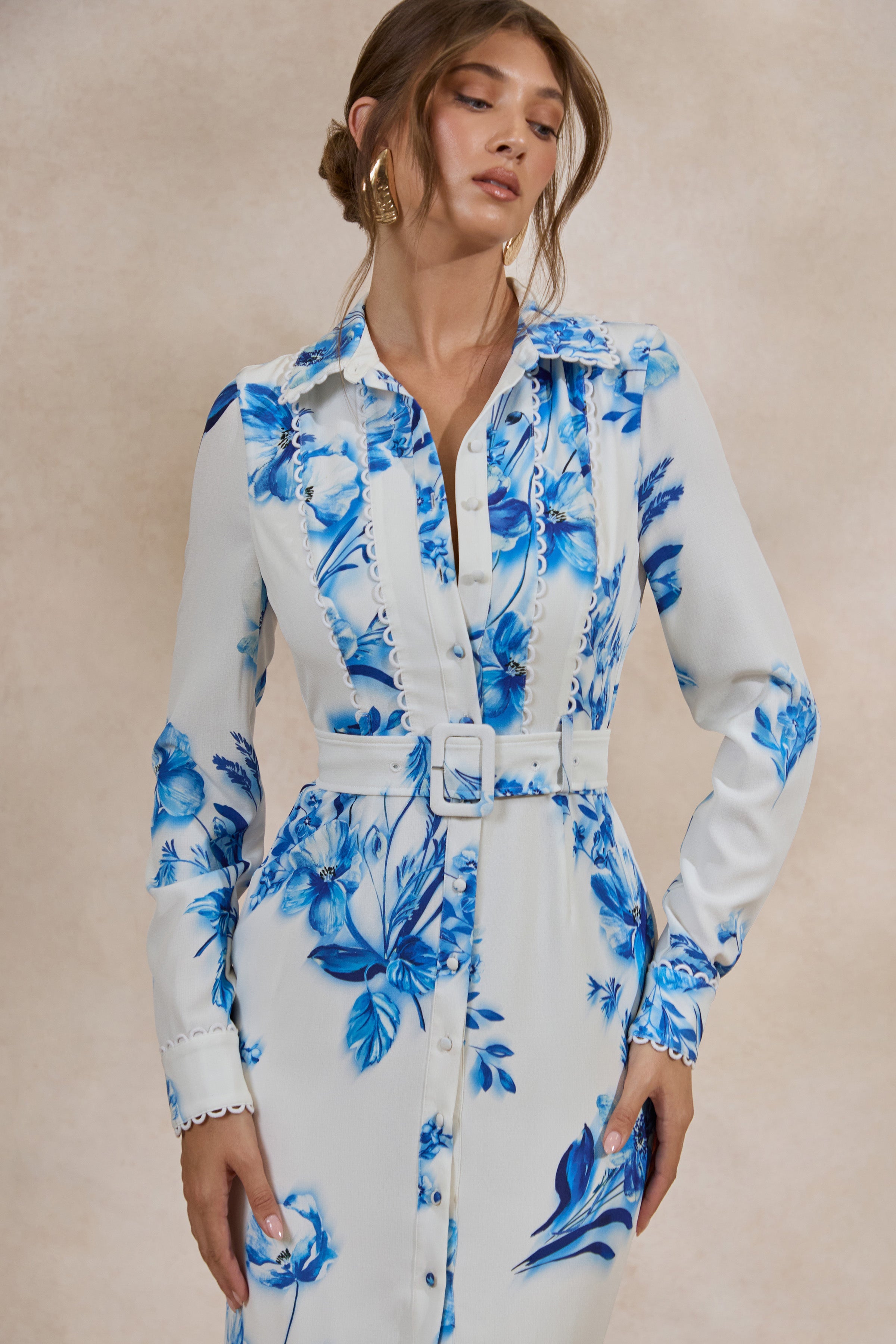 Zephy | Blue Floral Print Belted Shirt Midi Dress