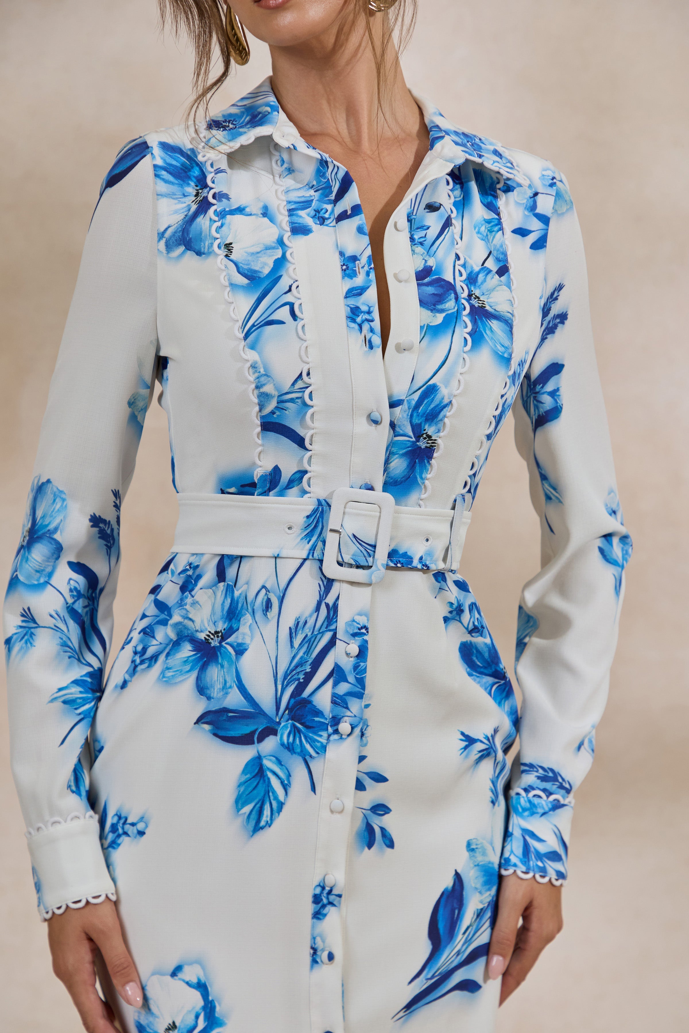 Zephy | Blue Floral Print Belted Shirt Midi Dress