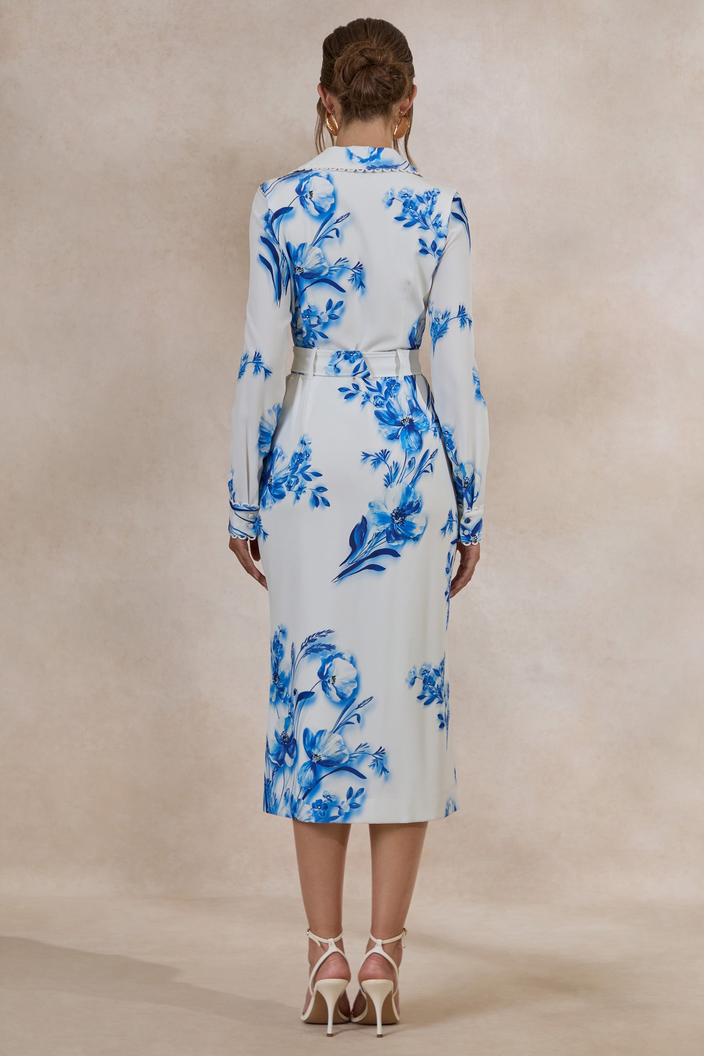 Zephy | Blue Floral Print Belted Shirt Midi Dress