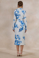 Zephy | Blue Floral Print Belted Shirt Midi Dress