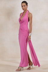 Maude | Pink Plunge-Neck Ruched Maxi Dress With Sash