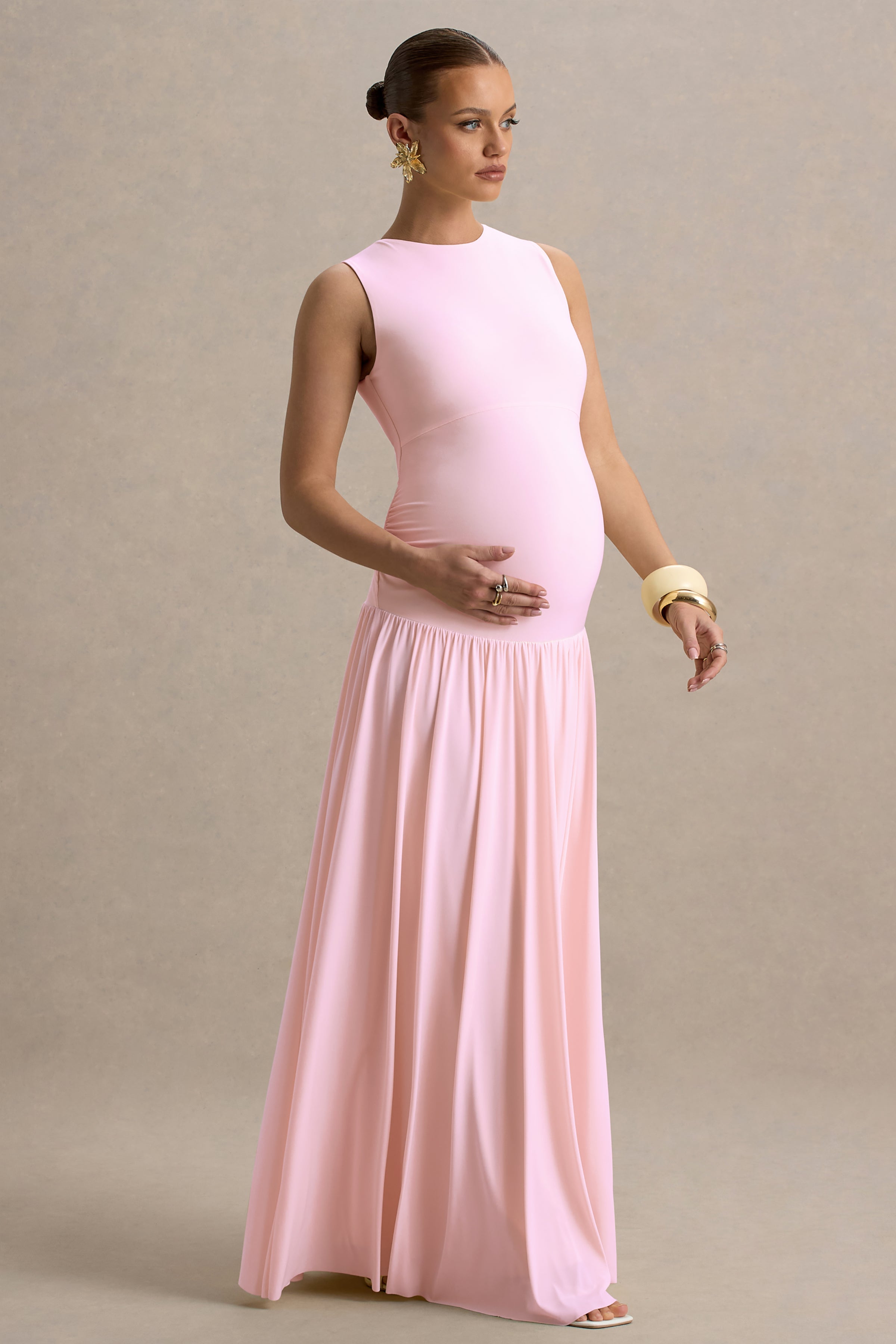 Outline | Light Pink Crew-Neck Maternity Maxi Dress With Pleated Skirt