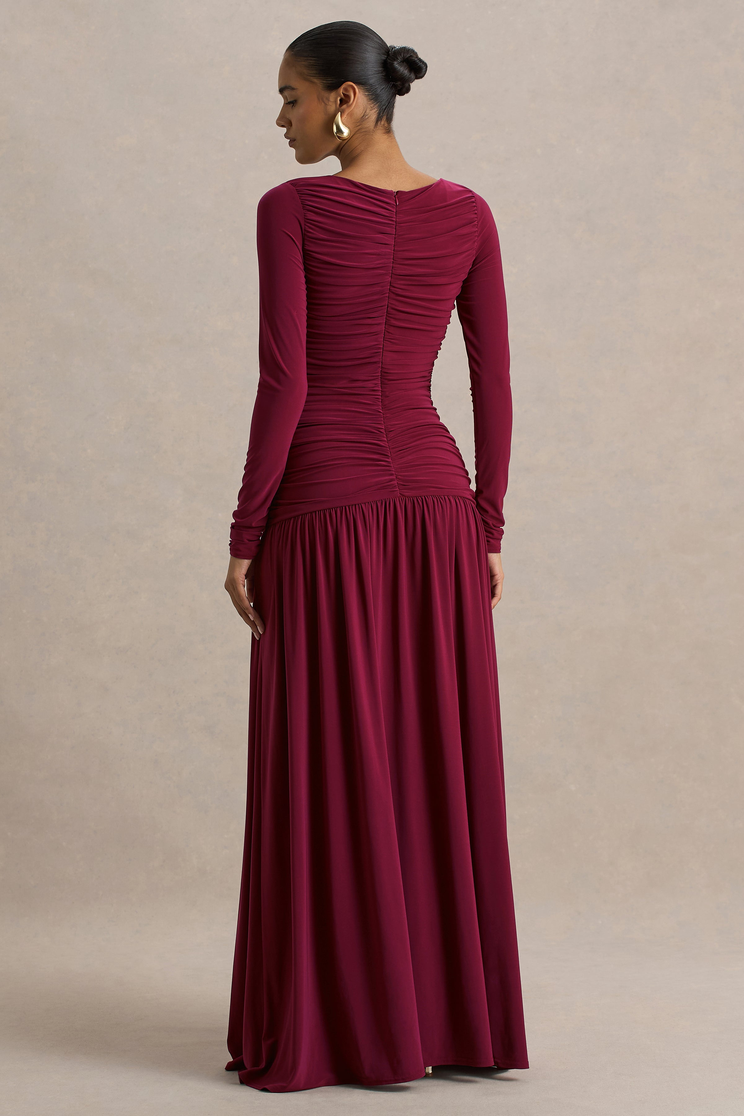 Aniyah | Burgundy Slashed-Neck Maxi Dress With Ruched Detailing