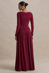 Aniyah | Burgundy Slashed-Neck Maxi Dress With Ruched Detailing