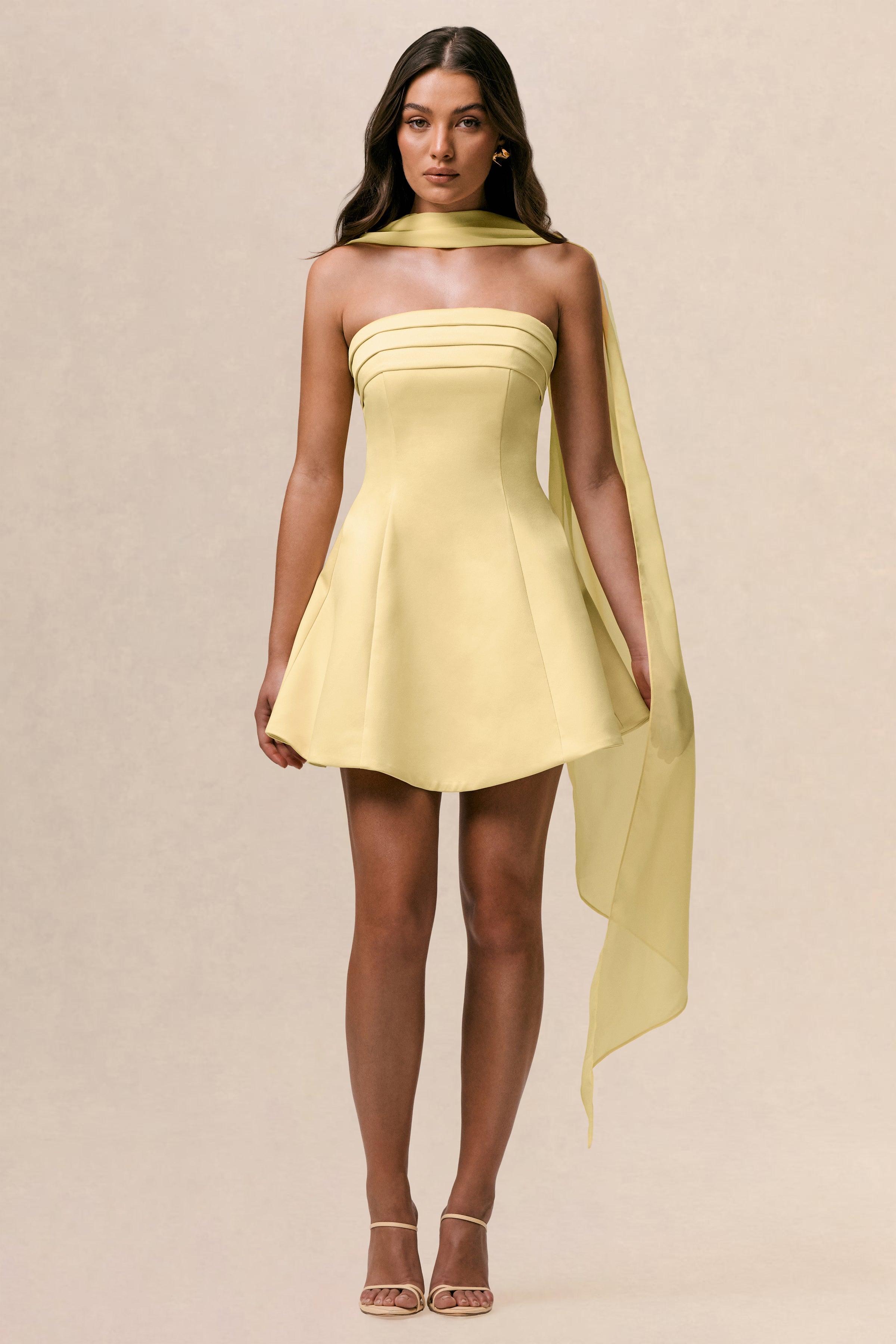 Love Me | Lemon Satin Skater Mini Dress With Chiffon Scarf