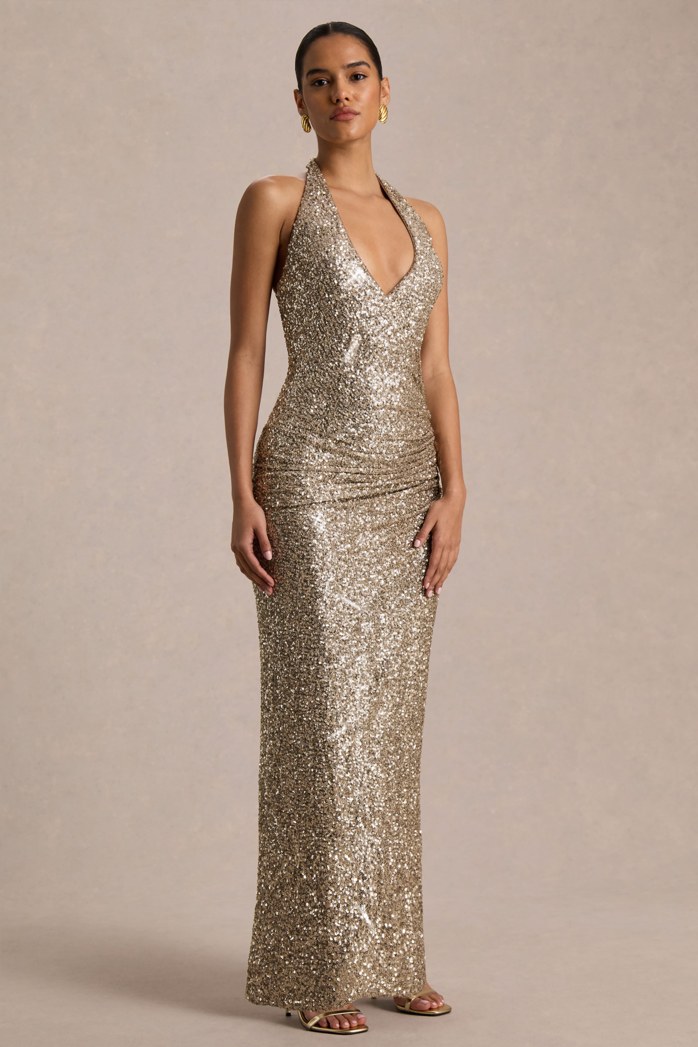 Gio | Champagne Sequin Plunge-Neck Wrap Maxi Dress With Ruched Detailing And Front Split