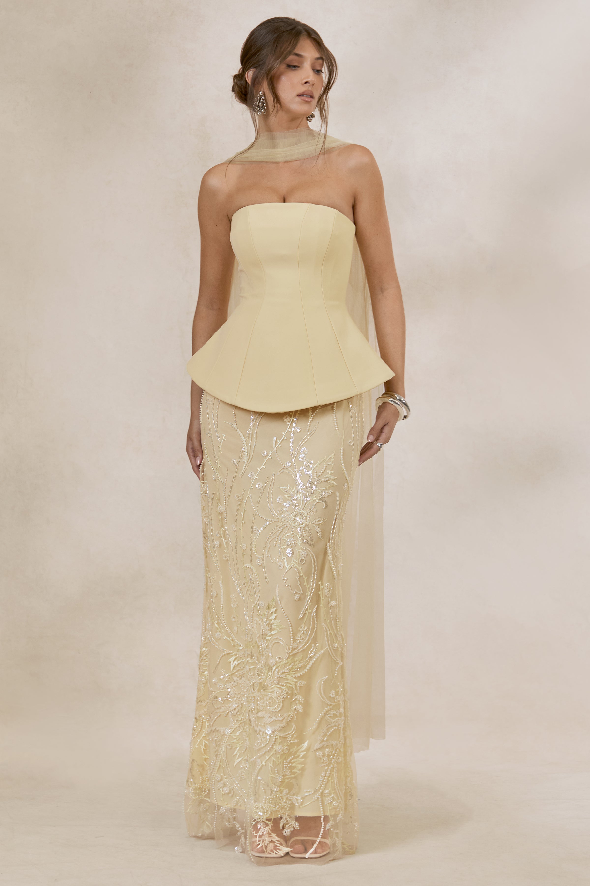 Lorna | Lemon Bandeau Maxi Dress With Scarf