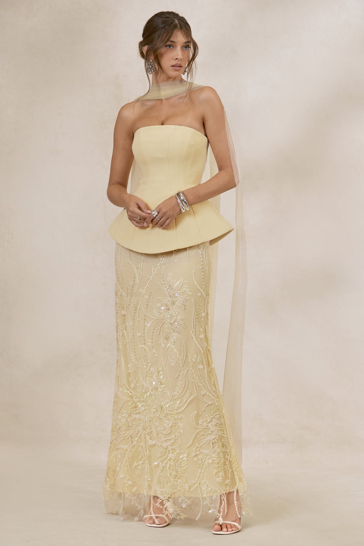 Lorna | Lemon Bandeau Maxi Dress With Scarf