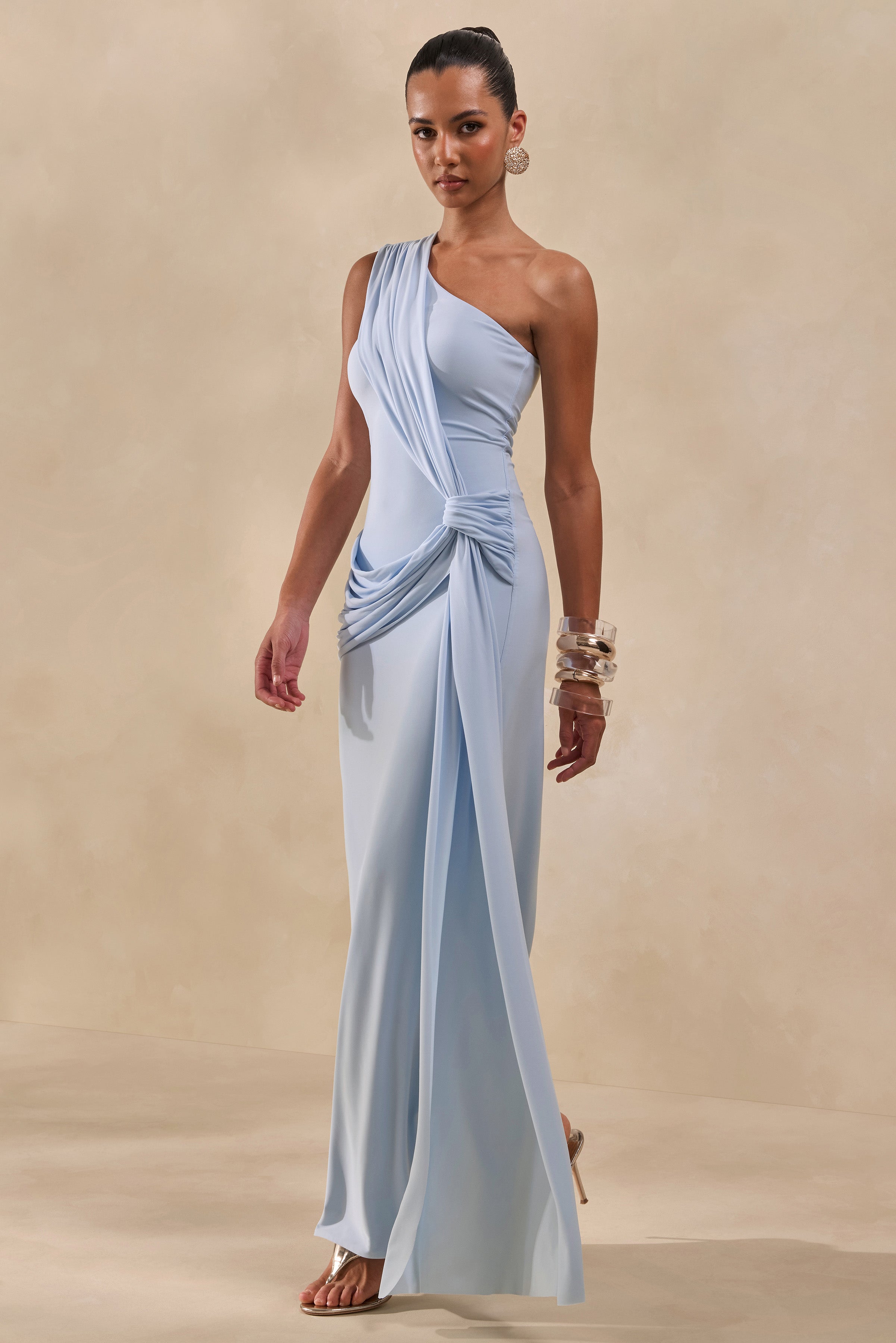 Lunoria | Powder Blue Asymmetric-Neck Maxi Dress With Gathered-Detailing