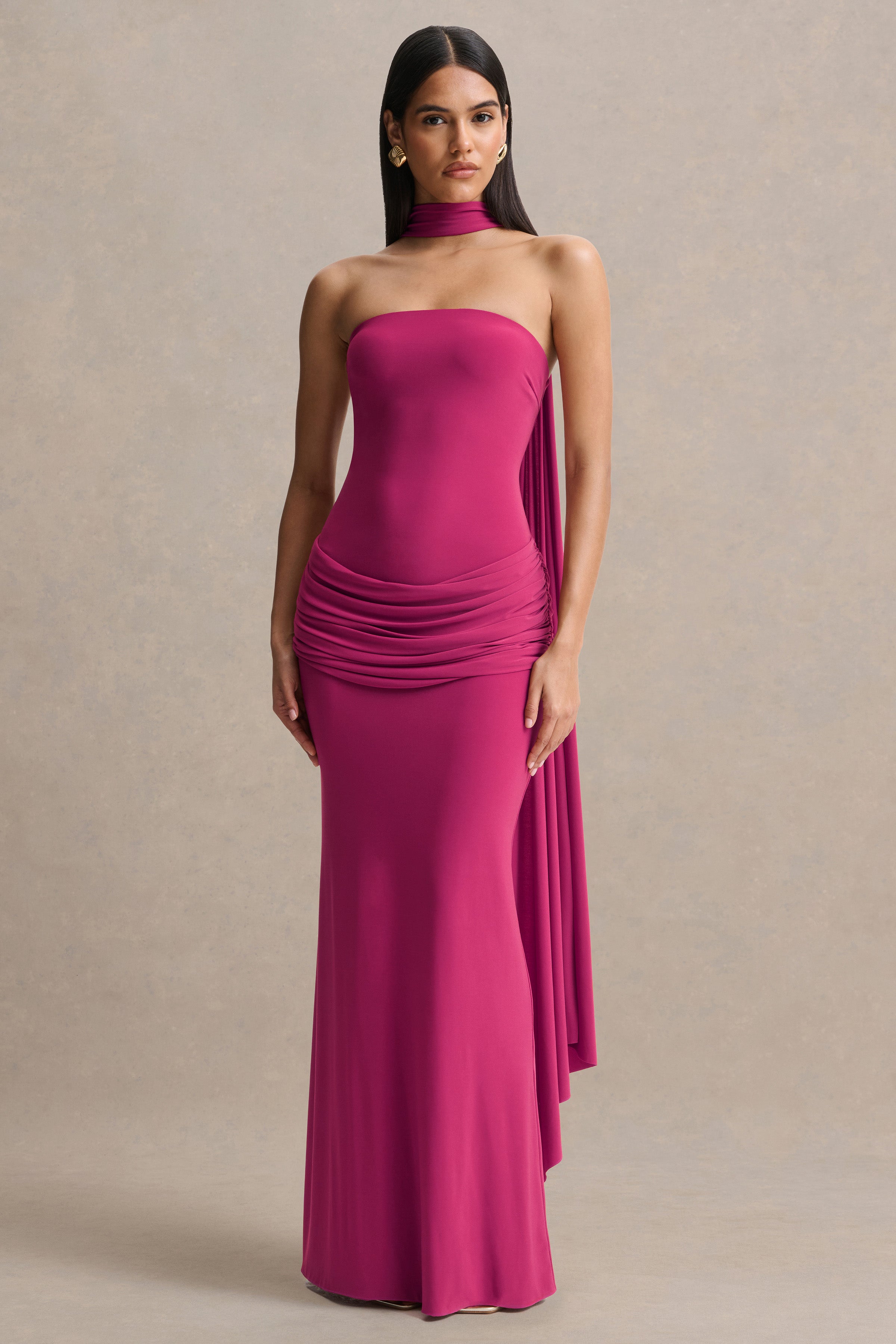 Graciella | Hot Pink Bandeau Maxi Dress With Draped Detailing And Scarf