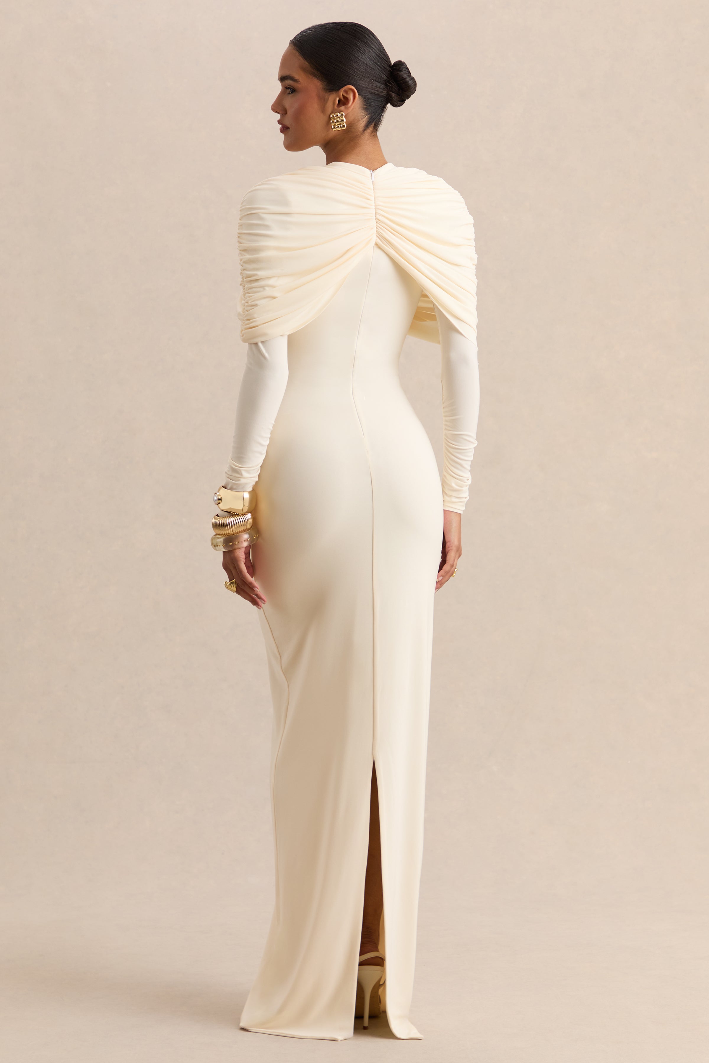 Evessa | Cream Crew-Neck Maxi Dress With Gathered-Detailing