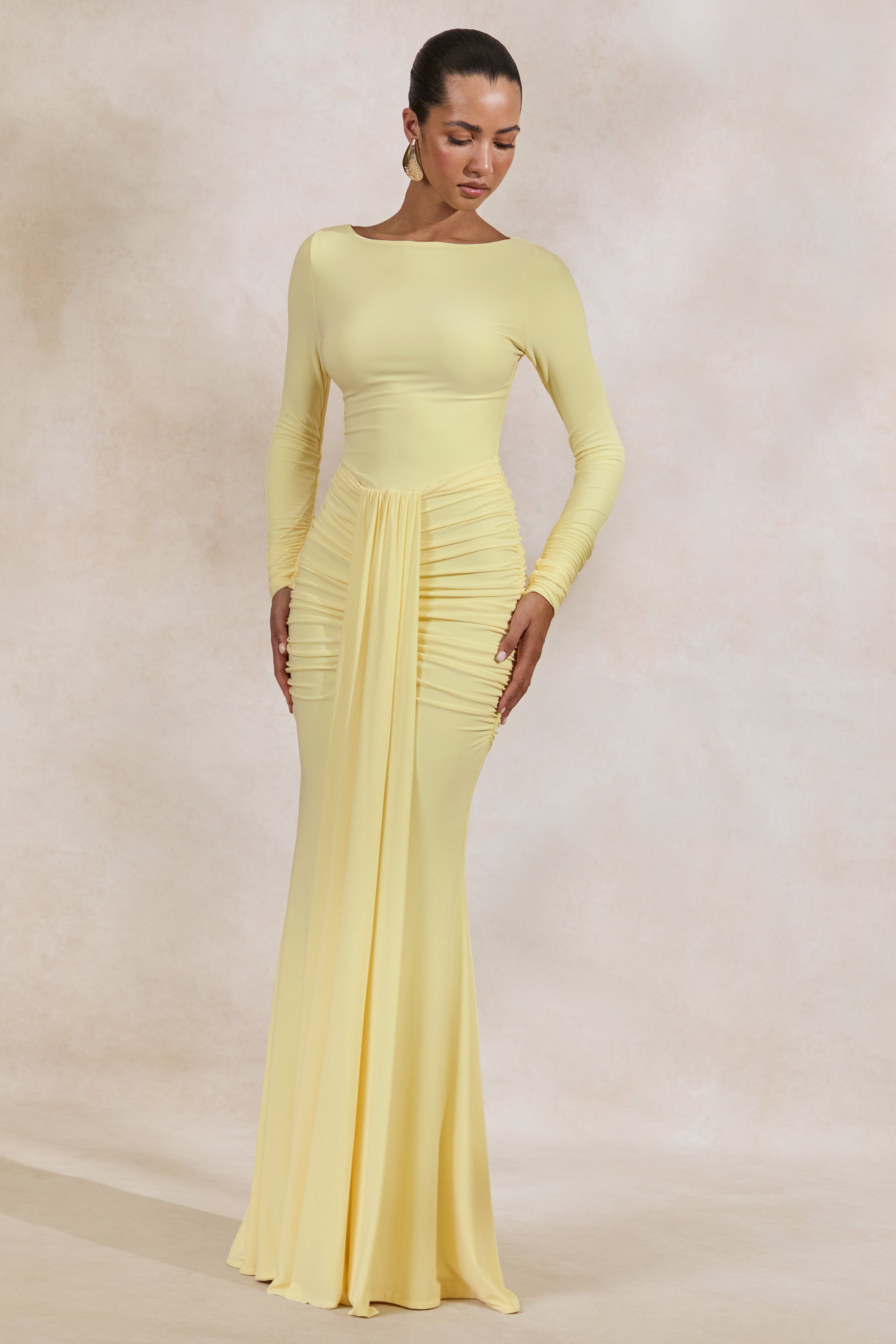 Liatris | Lemon Wide-Neck Maxi-Dress With Gathered-Detailing