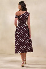 Celosia | Brown Polka-Dot Asymmetric-Neck Midi Dress With Gold-Detailing