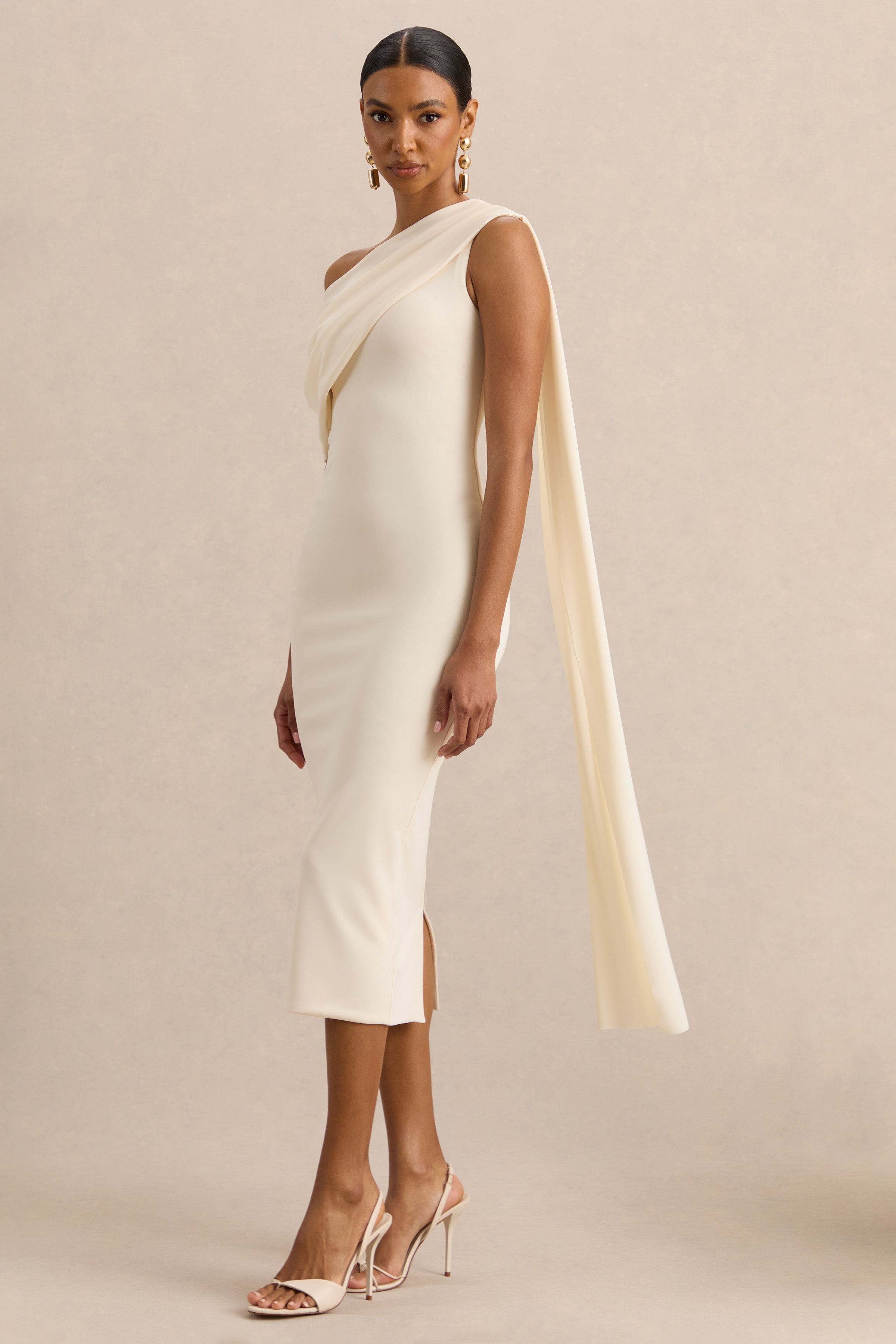 Madelisse | Cream Asymmetric-Neck Midi Dress With Sash